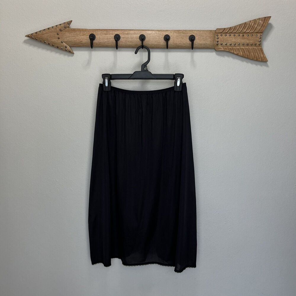 Vassarette | Slip Skirt Lingerie Size Large Y2K Black Nylon Lace Trim 16” Slit